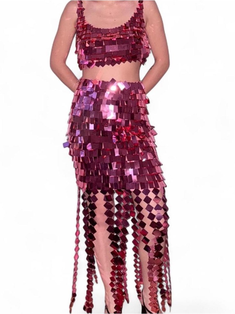 Jonathan Simkhai Pink Sequin Fringe Midi Skirt and Top